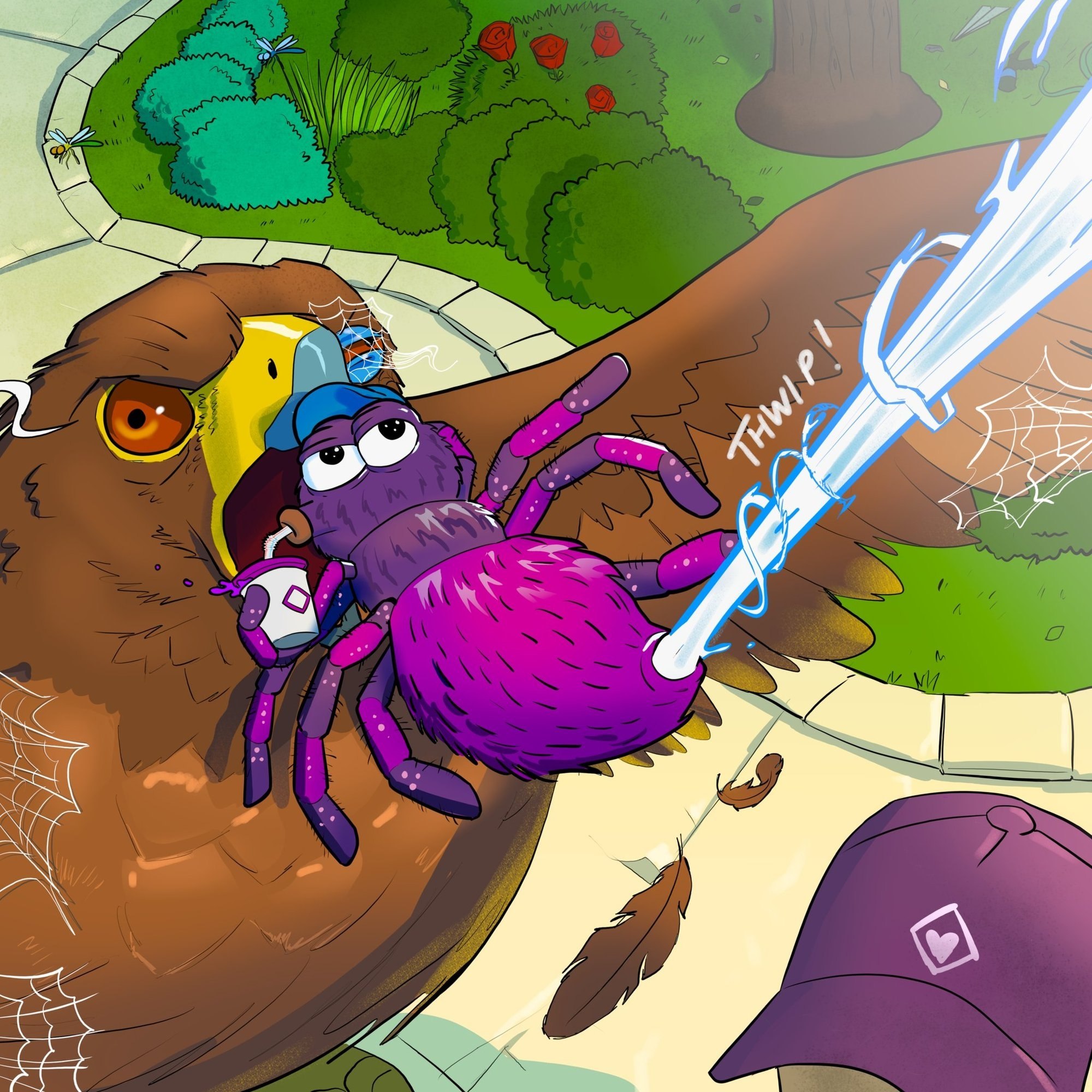Spider-Mon thwips a hawk mid-flight