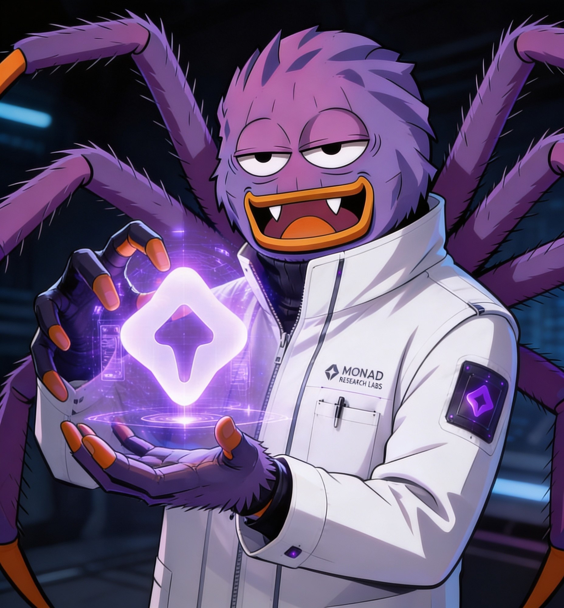 Spider-Mon in Monad Research Labs jacket